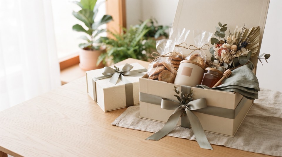 Rangkaian hampers custom Alatia dalam kotak kado elegan dengan pita satin, bunga kering, dan kartu ucapan personal